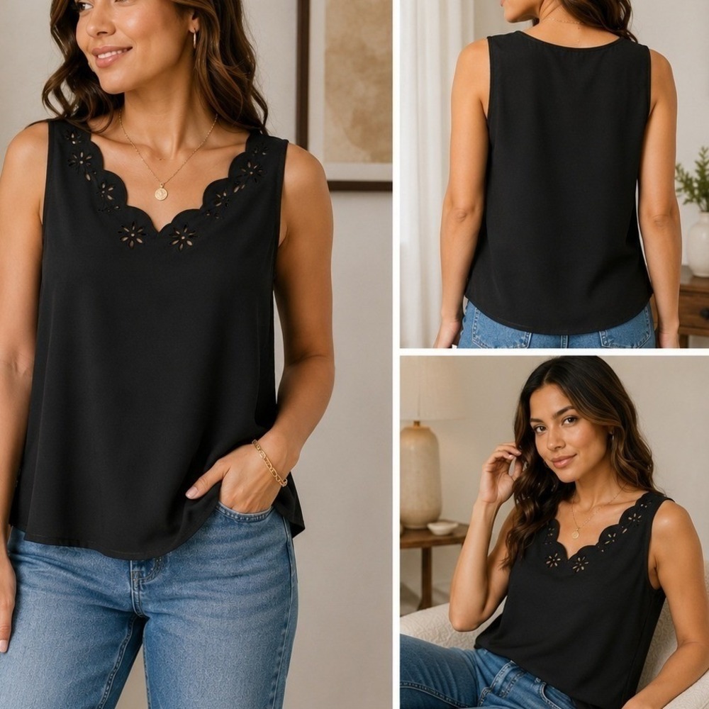 Laura Scott Tank Top Women Large Black‎ Excellent Eyelet Scalloped Neck Blouse